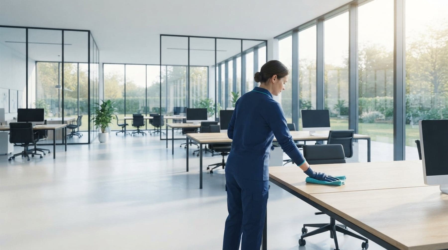 Intervenante Althéa Clean essuyant un bureau dans un open space lumineux, tôt le matin