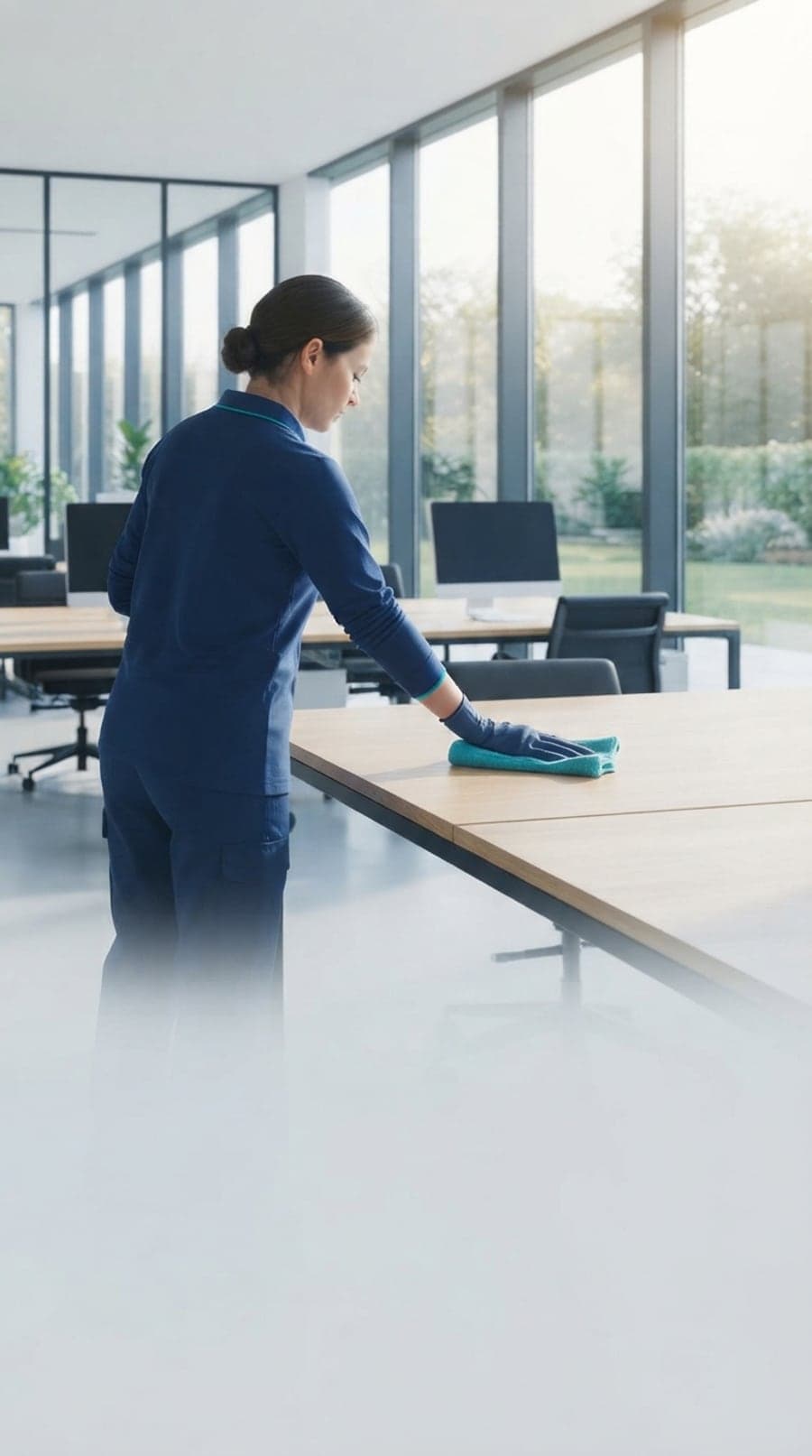 Intervenante Althéa Clean essuyant un bureau dans un open space lumineux, tôt le matin